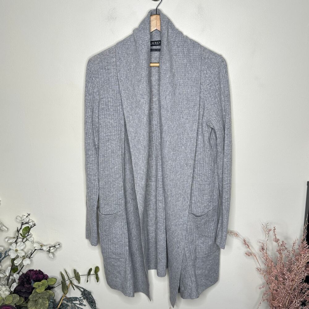 RALPH LAUREN Washable Cashmere Shawl Collar Rib Cardigan Gray Sz L $385 {3L23} - Picture 2 of 5